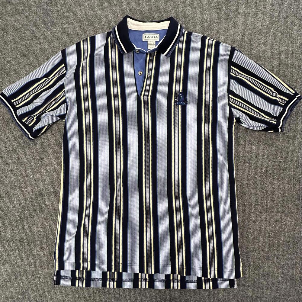 IZOD Mens Striped Polo Shirt Small Navy Blue Yellow Short Sleeve Cotton 349